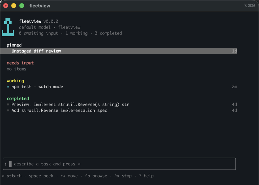 The fleetview roster in a terminal, listing agent sessions grouped by status